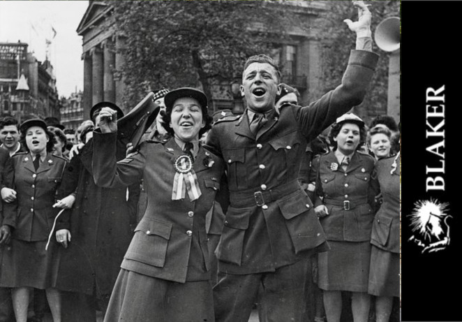 News Joyful servicemen and women celebrate VE Day in a city street. Blaker Engineering