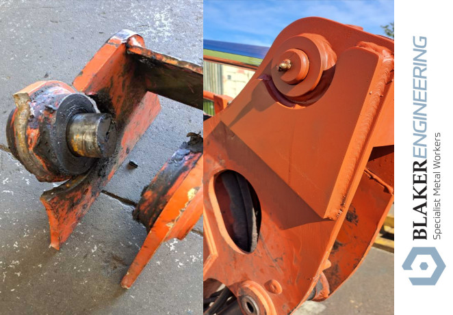 Excavator part before and after metalwork repair by Blaker Engineering.