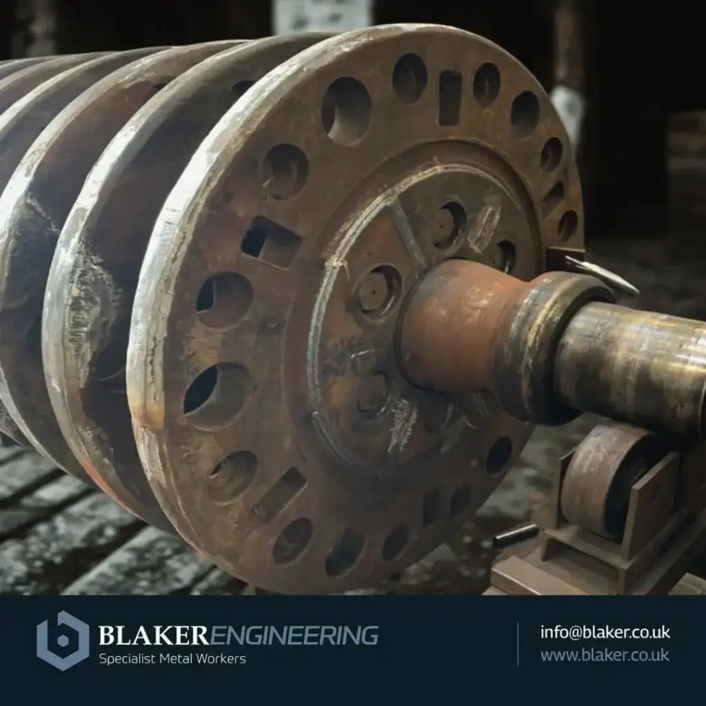 Hammer mill component weld rebuild by Blaker Engineering.