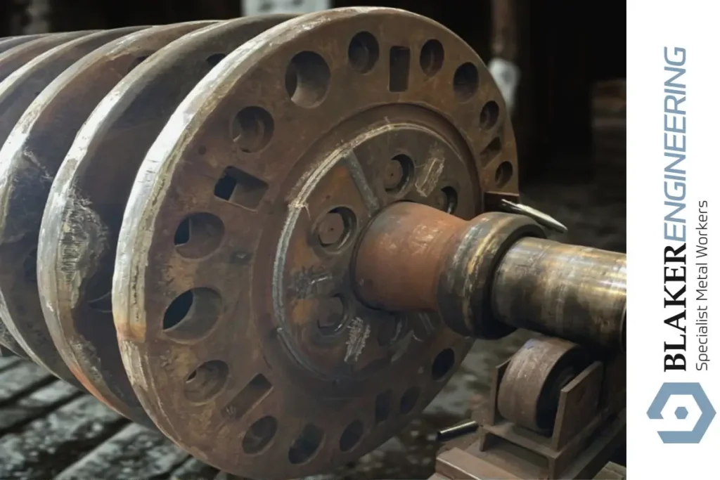Hammer mill component weld rebuild in progress, showing worn metal parts.