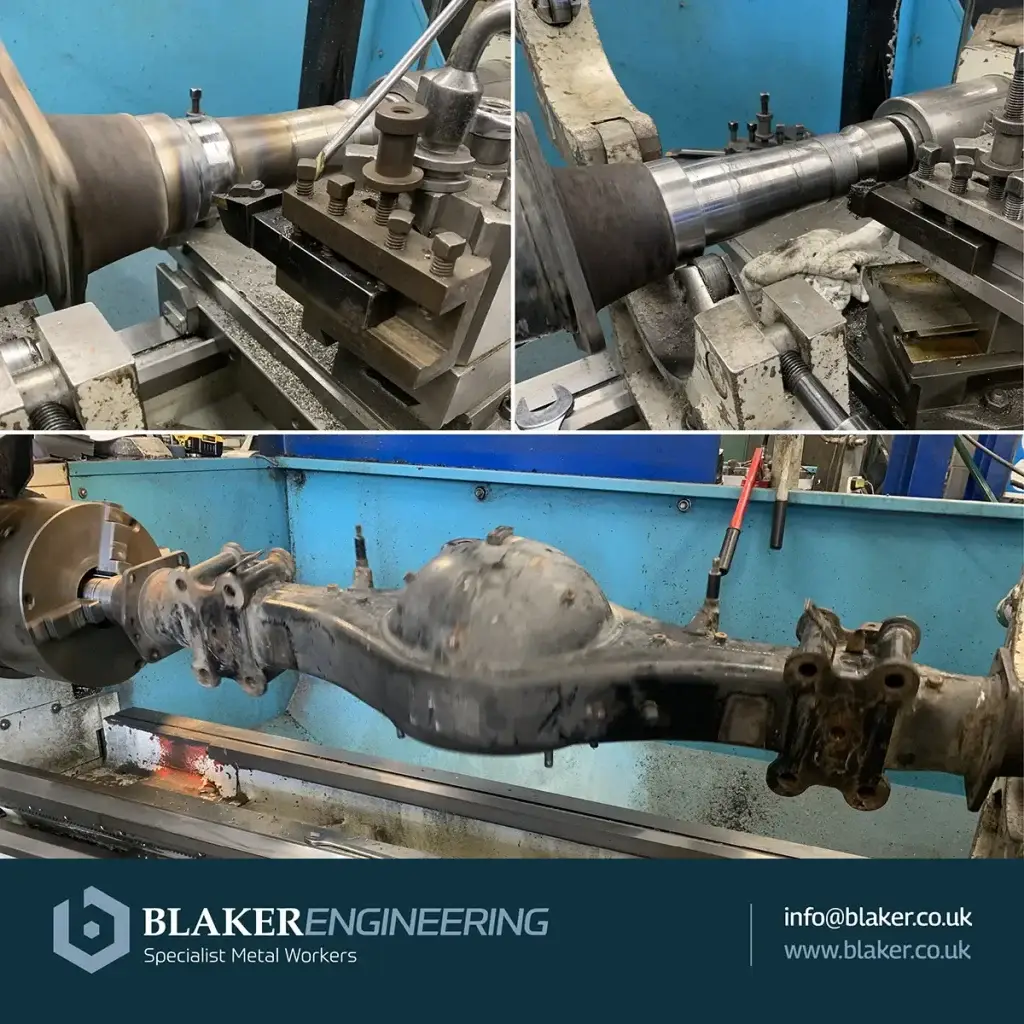 HGV drive axle repair: bearing surface rebuild & thread repair on lathe